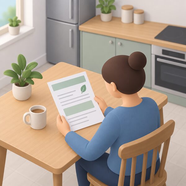 A paper annual energy bill lying on a kitchen table beside a mug, shown as a physical document with a plain colour band and blank lines where the annual total and account details would be, with a simplified figure seated nearby reading it.