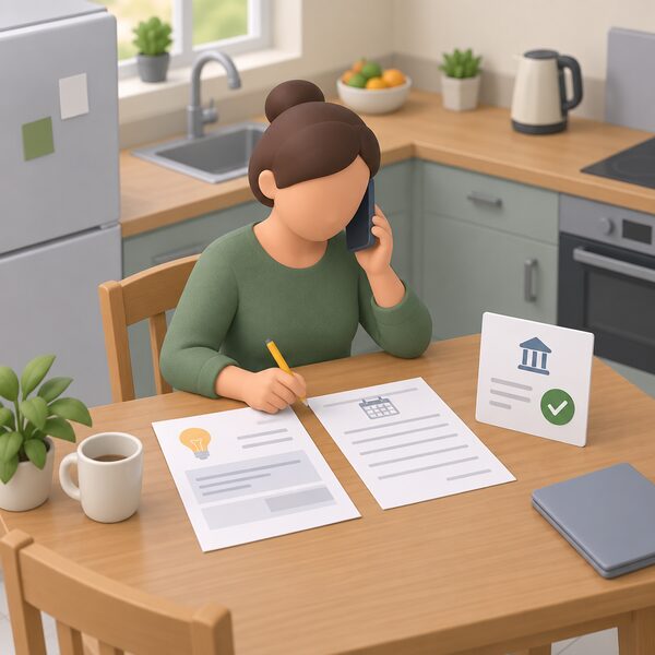A householder at a kitchen table speaking on the phone with their energy supplier, a direct debit payment plan form and a recent energy bill laid out in front of them, pencil in hand, agreeing affordable payments instead of cancelling the direct debit.