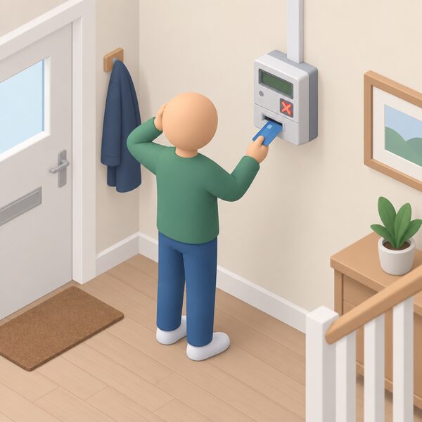 A prepayment electricity meter mounted high on an interior wall of a simply drawn home hallway, with a small simplified figure standing before it holding a top-up card or key toward the meter slot, unable to add credit.