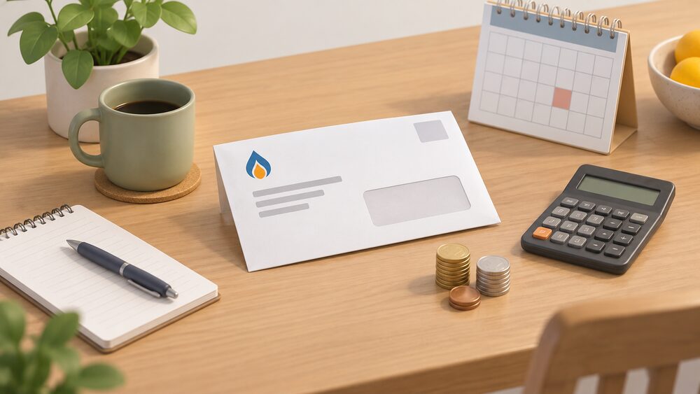 A kitchen table with a sealed letter from an energy supplier lying open beside a small stack of coins, a calculator and a wall calendar, showing the moment a household reviews a rising monthly payment.