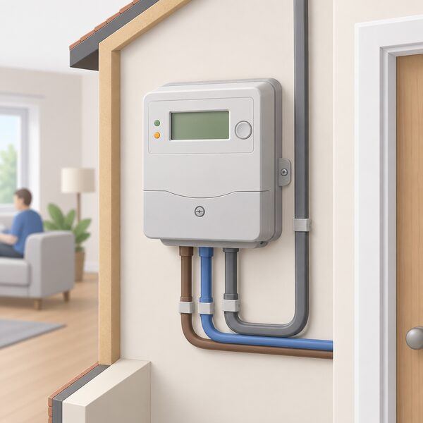 A domestic electricity meter mounted on an inside wall of a home, shown in a simple cutaway with its display and connections, recording the household's electricity use for per-unit and per-day charges.