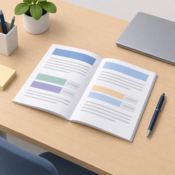 A printed consultation document about standing charge tariffs lies open on a plain office desk beside a pen and a closed laptop, its pages showing plain colour bands and blank lines only, with no person present.