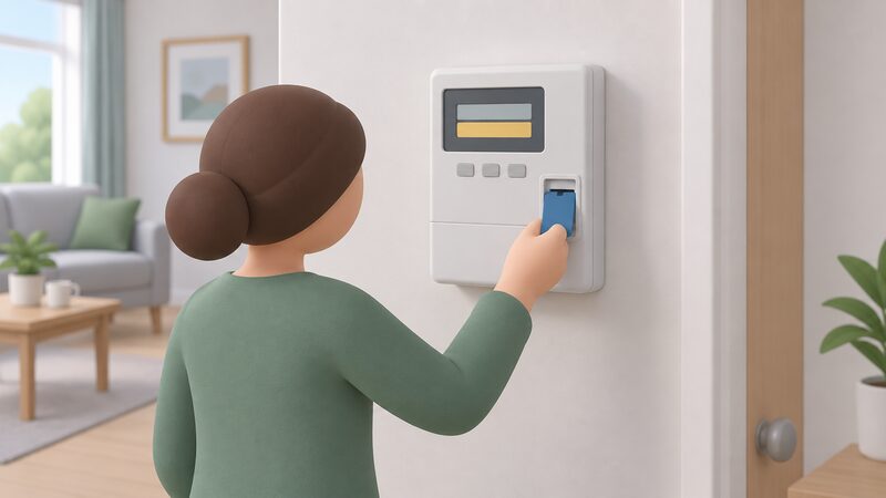 A close-up of a wall-mounted prepayment meter with a small display showing a plain daily standing charge block, beside a simplified figure inserting a key or card to top up, so the accrued charge is recovered from the new credit.