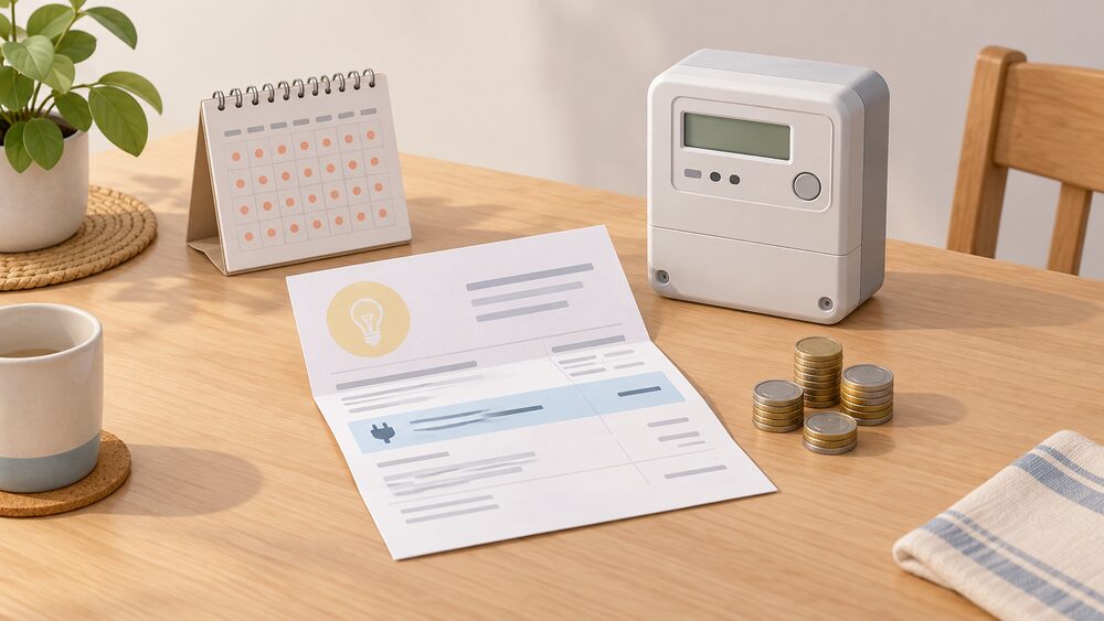A kitchen table in daylight with a folded paper energy bill lying open beside a neat stack of coins, a small wall-calendar page and a domestic electricity meter sitting on the tabletop, suggesting the fixed daily cost of staying connected.