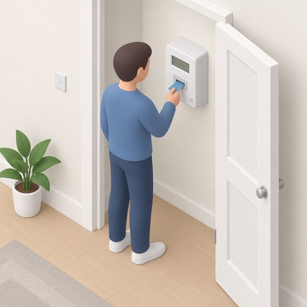 A domestic electricity prepayment meter mounted on the wall of a small utility cupboard or hallway, shown as a plain meter box with a slot and blank display, with a simplified isometric figure standing before it about to insert a key or card.