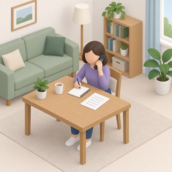 A simplified isometric figure sits at a table in a home living room holding a phone to their ear, taking notes on a notepad, while a plain printed advice sheet lies on the table beside them, showing a caller receiving free energy advice from a helpline.
