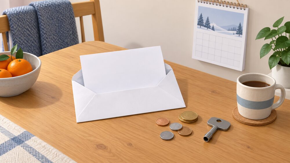 A kitchen table with a blank energy bill in an opened envelope, a small wall calendar showing a winter month, a handful of coins, and a domestic electricity meter key resting beside them, suggesting a household arranging payments rather than facing disconnection.