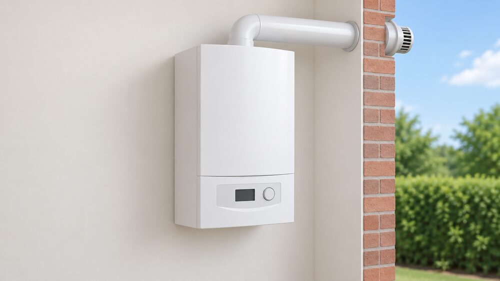 A wall-hung gas combi boiler mounted on an indoor wall, with its round flue terminal passing through the external wall to the open air outside, shown close up with no other equipment.