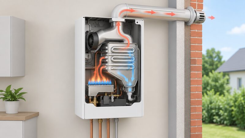 A cutaway diagram of a wall-hung domestic gas condensing boiler with its casing opened to reveal the stainless steel heat exchanger, with the flue path shown running from the combustion chamber through the top of the case and out through an external wall.