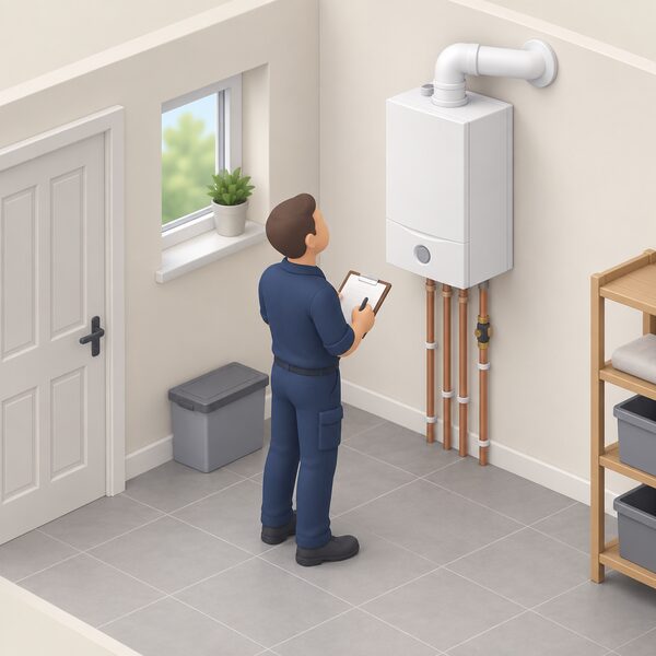 An installer with a clipboard stands in a home's utility area beside an existing wall-mounted boiler, looking up at it and the flue route while noting details of the pipework and siting before preparing a quote.