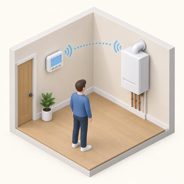 A small isometric room scene showing a digital wireless programmable room thermostat mounted on an interior wall, with a simplified wireless signal path linking it to a wall-hung system boiler on another wall of the same room.