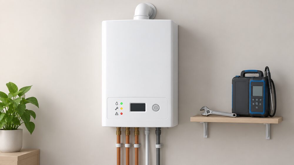 A close-up of a wall-mounted white gas combi boiler with its front control panel showing a reset button and indicator lights, a service spanner and gas analyser case resting on a small shelf beside it.