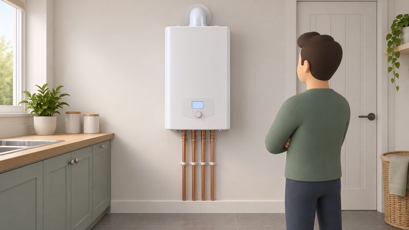 A white wall-mounted combi boiler fixed to a plain kitchen or utility room wall, its front panel fitted flush, with a small lit control display glowing on the front and the pipework entering neatly at the base.