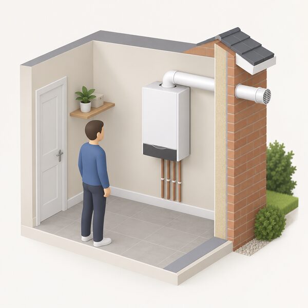 A wall-mounted Clas One combi boiler installed indoors on a house wall, with its horizontal flue duct passing through the outside wall and terminating outside, shown in a cutaway view of the room.