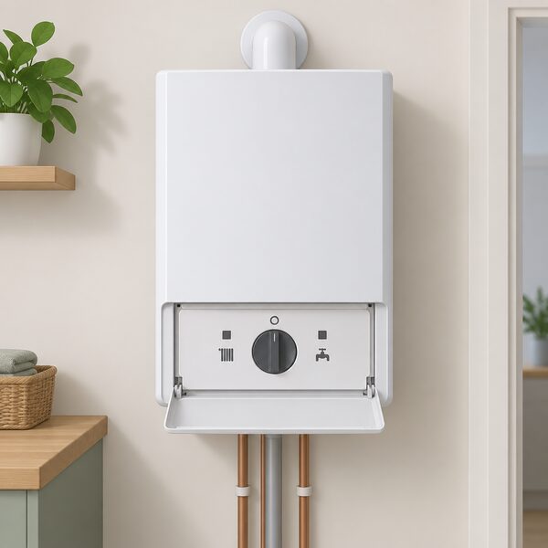 A wall-mounted combi boiler seen front-on with its control panel open to view, showing a rotary mode selector switch turned to the off position, with plain unmarked indicator blocks and no readable text or numbers anywhere on the panel.