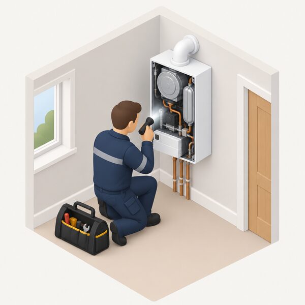 A Gas Safe registered engineer, shown as a simplified isometric figure with a tool bag, kneels beside a wall-mounted gas boiler in a home, its front casing removed, inspecting the internal components with a torch during a routine check.