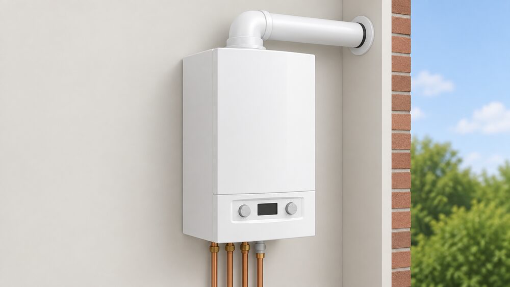 A white wall-hung gas combi boiler mounted on an indoor wall, shown close up, with its round flue pipe passing through the external wall behind it to the open air, and nothing else in the scene.