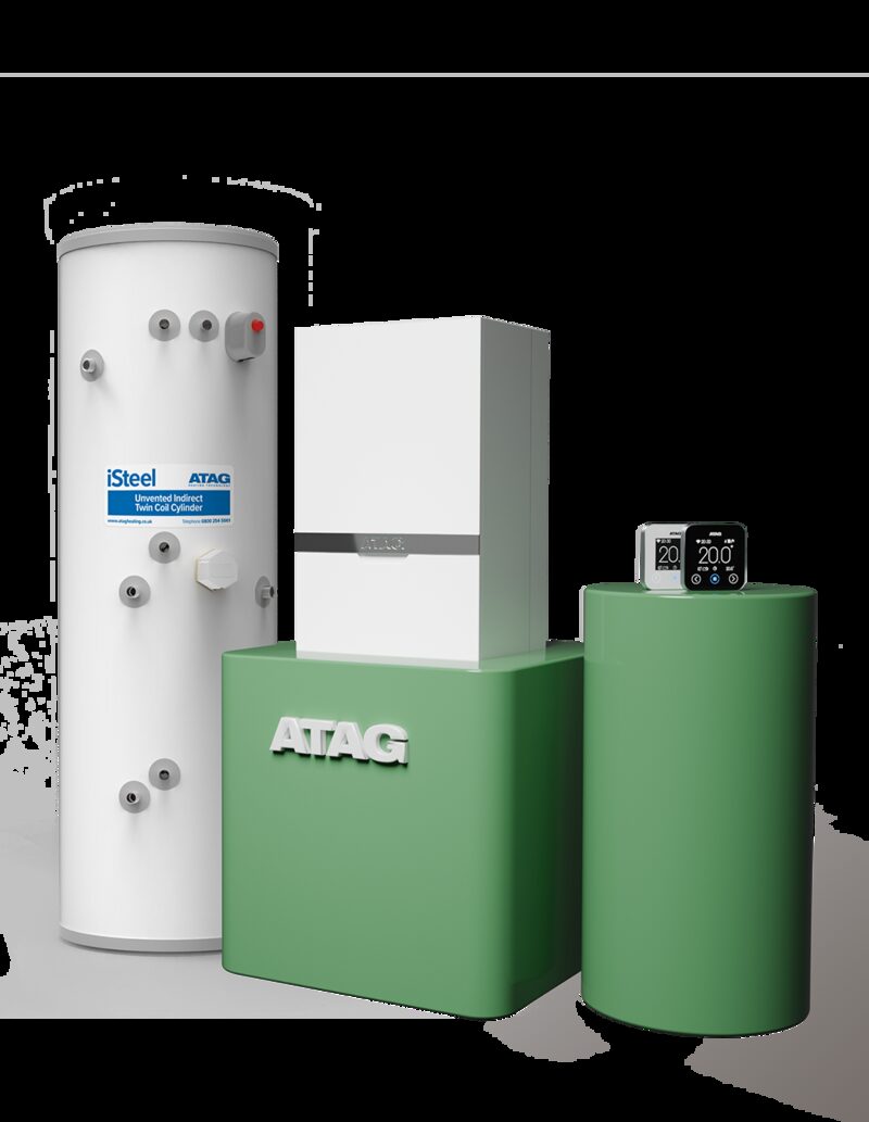 An ATAG product display stand featuring an iSteel unvented indirect hot water cylinder, a wall-mounted boiler, and a ONE Zone smart thermostat control