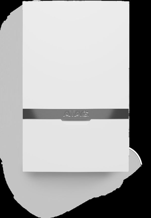 A white ATAG wall-mounted combi boiler with a grey band across the front