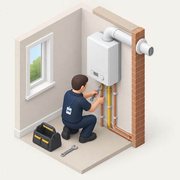 A Gas Safe registered engineer, shown as a simplified isometric figure with a plain ID card on a lanyard, kneels beside a wall-mounted gas boiler in a UK home, connecting the gas and heating pipework and fitting the flue through the outside wall.
