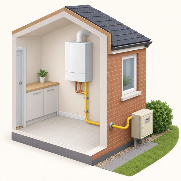 A wall-hung gas boiler in a home with a visible gas supply pipe running from the boiler down and out through the wall to a gas meter box outside, showing the household's continued connection to the gas grid.