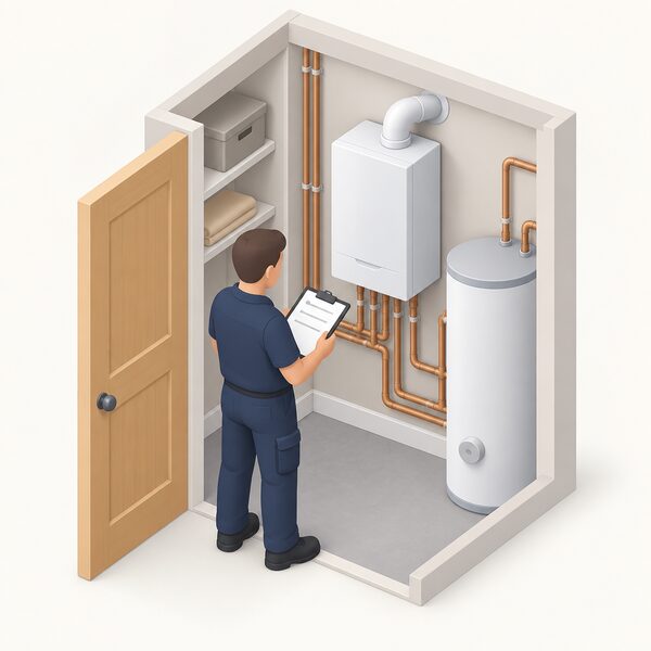 An installer with a clipboard stands in a home's airing cupboard beside an existing wall-mounted boiler and hot water cylinder, looking over the pipework and flue route as part of a pre-quote survey.