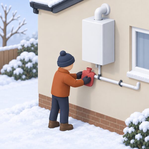 A simplified figure stands outside a house holding a hot water bottle wrapped around the exposed horizontal condensate pipe running from the wall below the boiler flue, warming the frozen plastic pipe on a cold winter day.