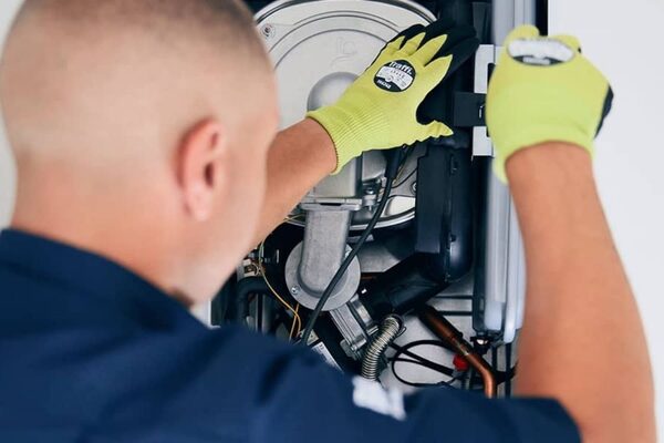 A technician wearing yellow gloves servicing the internal components of a wall-mounted Baxi boiler