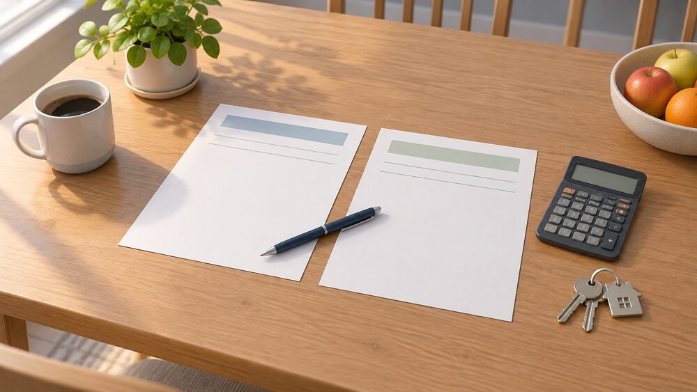 A kitchen table seen from above with two blank installer quote sheets side by side, a pen resting across them, a small calculator and a set of house keys beside them, all lit by plain daylight from a nearby window.