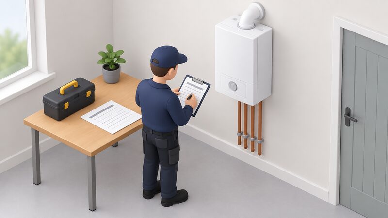 An installer at a freshly fitted wall-hung boiler completes a Benchmark checklist on a clipboard beside a warranty registration form on a nearby table, both shown as physical documents with blank lines only.