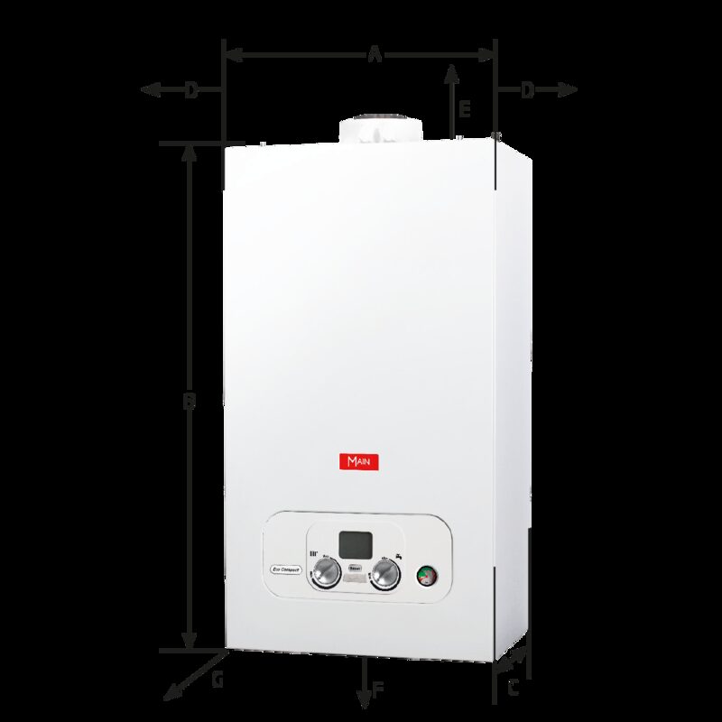 A white Baxi Main Eco Compact wall-hung combi gas boiler shown with dimension arrows labelled A to G