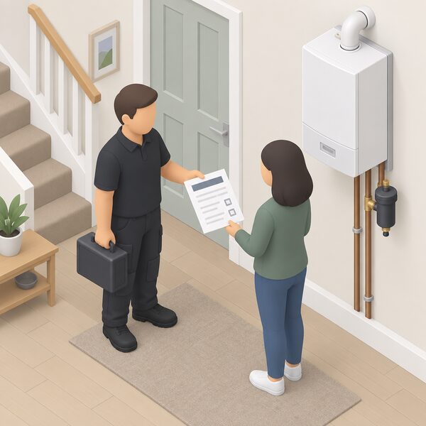 A registered engineer stands in a home hallway beside a wall-mounted boiler with a magnetic filter on the pipework, handing a householder a printed quote sheet showing the specification as blank lines and plain blocks.