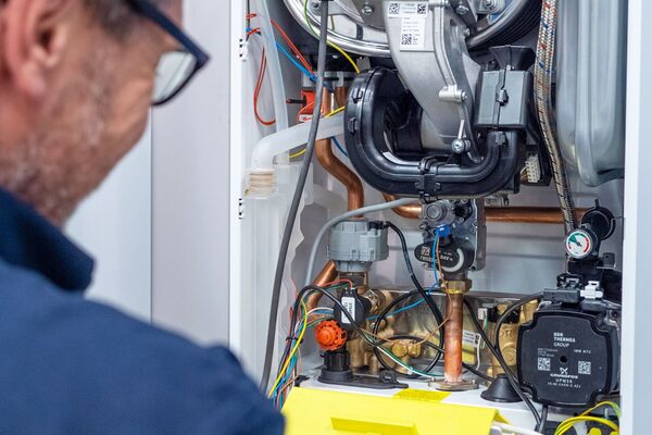 A technician inspecting the exposed internal components of a Baxi combi boiler