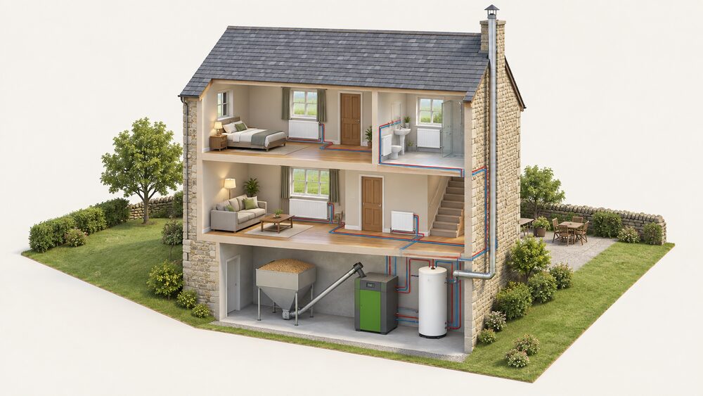A cutaway rural house showing a pellet biomass boiler indoors with its pellet hopper and auger beside it, connected to radiators and a hot water cylinder, with a flue passing through an external wall to the open air.