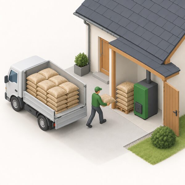 A delivery of bagged wood pellets arriving at a house: a small isometric figure carrying plain sacks from a simple delivery vehicle to a stack of bags beside the external biomass boiler, showing household fuel bought from a local supplier.