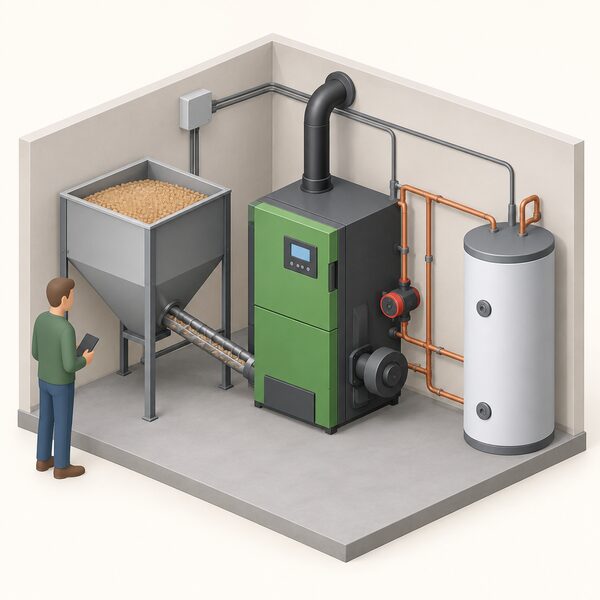 An automated wood pellet boiler in a utility room shown with its hopper and auger feeding the burn chamber, its control panel, circulation pump and fan, all wired to an electricity supply that also runs to the adjacent hot water cylinder.