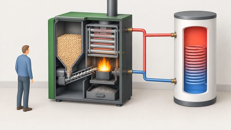 A cutaway diagram of a domestic wood pellet boiler showing pellets in the hopper dropping to an auger that feeds the burner, with the heat exchanger above and an ash pan below, connected to flow and return pipes leading to a hot water cylinder.