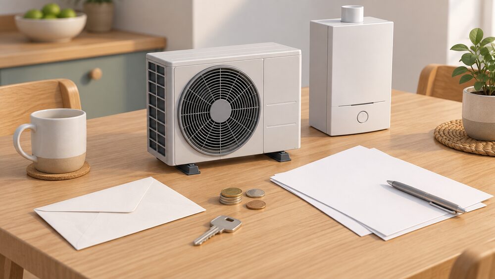 A small model of an air source heat pump outdoor fan unit stands on a kitchen table beside blank application paperwork, a plain envelope, a house key and a few coins, with a closed gas boiler visible as a small model behind the papers.