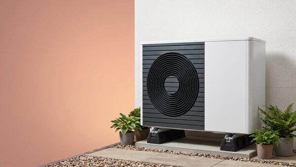 An air source heat pump unit installed outside a house on a gravel base with potted plants beside it
