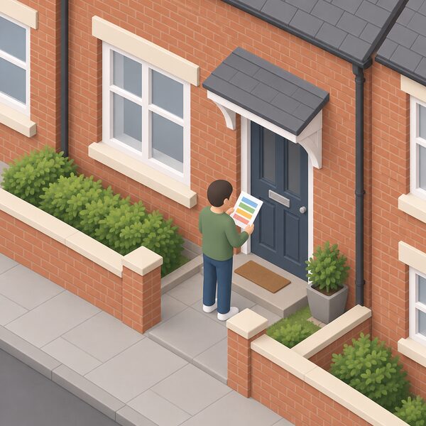 A simplified isometric householder stands at the front door of an ordinary English brick terraced house, holding a printed sheet showing plain colour bands, checking which schemes cover their nation.