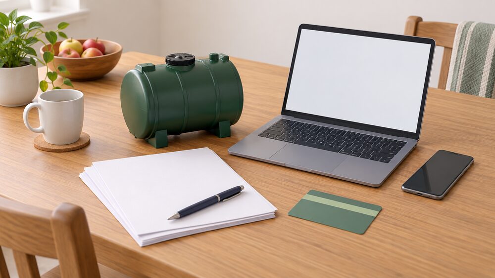 A small domestic oil tank model standing beside blank application paperwork, a blank voucher card, a laptop with a blank screen and a smartphone, arranged on a kitchen table as the moment of applying for oil heating support.