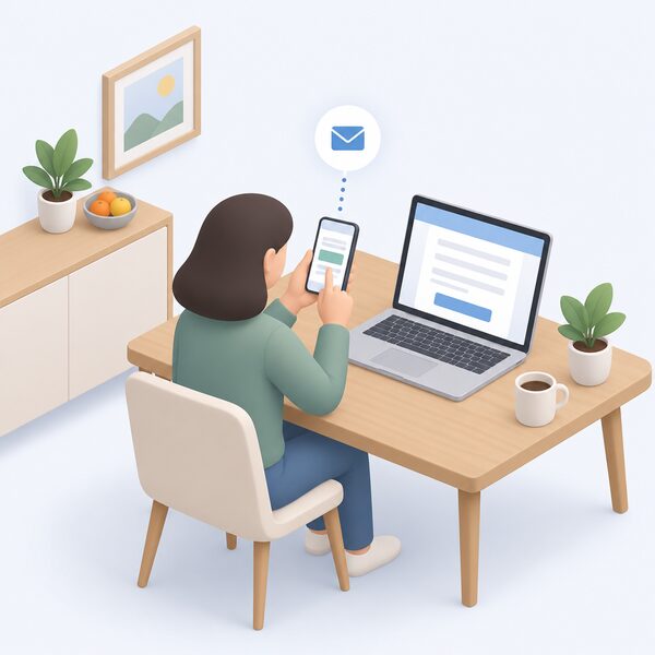 A person at a kitchen table holding a smartphone showing a plain message screen, with a laptop beside them displaying an online application form as blank lines, illustrating the electronic voucher being received and activated via a smartphone number or email address.