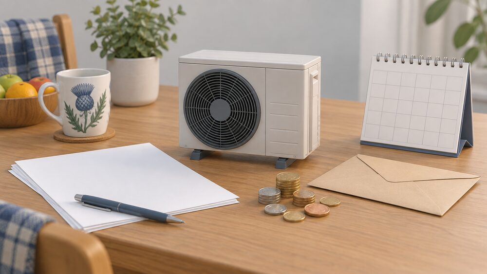A small model of an air source heat pump standing on a kitchen table beside blank application paperwork, a sealed envelope, a scatter of coins and a wall calendar, suggesting a Scottish household applying for heating grant funding.