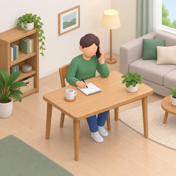 A simplified isometric householder sitting at a table in their living room holding a mobile phone to their ear, making a free call to the energy advice line, with a notepad and pen beside them for noting down advice about grants and funding.