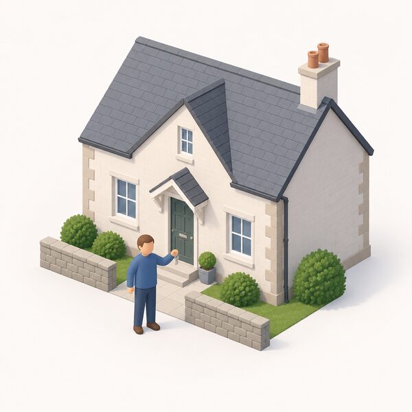 A simplified isometric homeowner stands outside the front of their own modest Scottish house, holding keys, with the house's plain stone or rendered walls, pitched roof, chimney and front door shown, conveying domestic owner-occupation rather than any specific heating equipment or scheme paperwork.