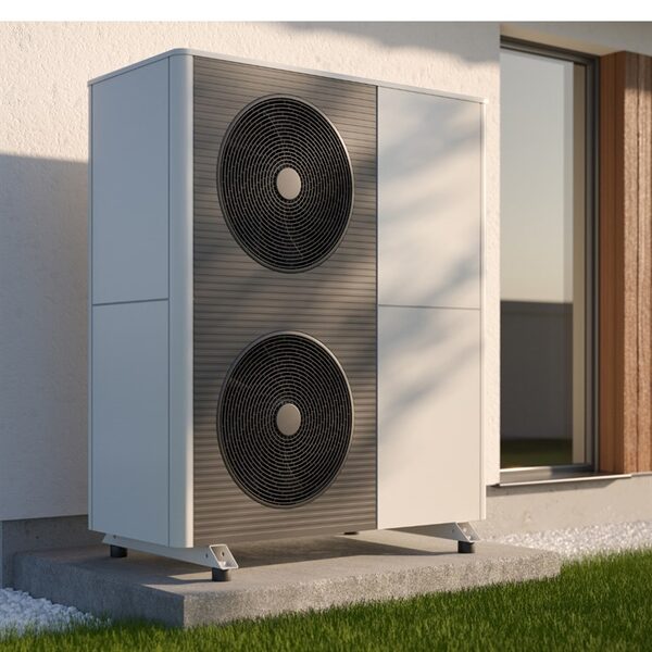 A modern air source heat pump unit with two fans installed outside a house on a concrete plinth