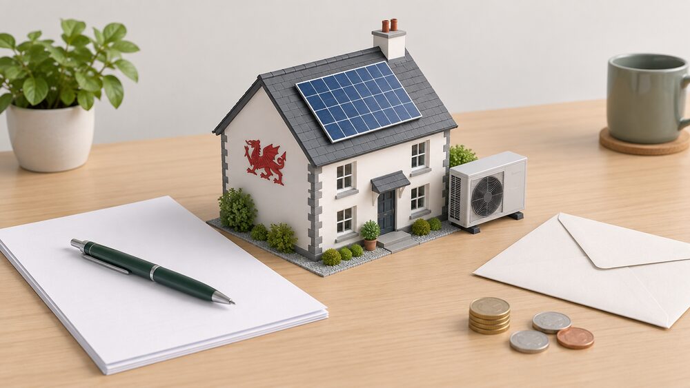 A small model of a Welsh house with a solar panel on its roof and a heat pump unit beside it, standing on a table next to blank application paperwork, a sealed envelope, a pen and a few coins.