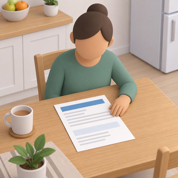 A benefit award letter lying flat on a wooden kitchen table in a home, shown as a physical document with blank lines and plain colour bands instead of readable content, beside it a hand of a seated simplified figure steadying the paper as they check it.