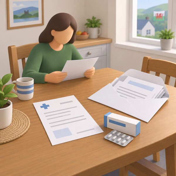 A prescription and a medication package lying on a kitchen table in a Welsh home, beside an open envelope of supporting papers, showing the documents a household gathers as evidence of an eligible health condition for the Nest health route.
