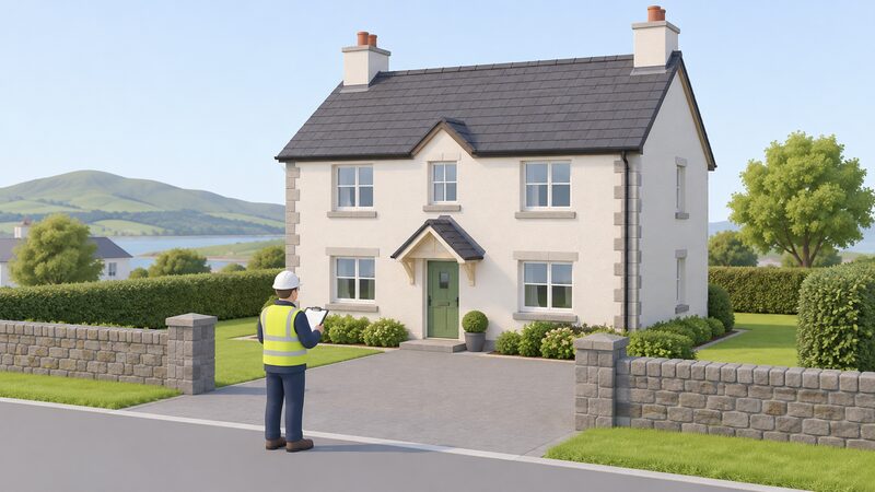 A surveyor with a clipboard stands outside a Welsh house, examining the property from the front while noting its features, with roof, walls and windows visible as the whole house is assessed before improvement work.
